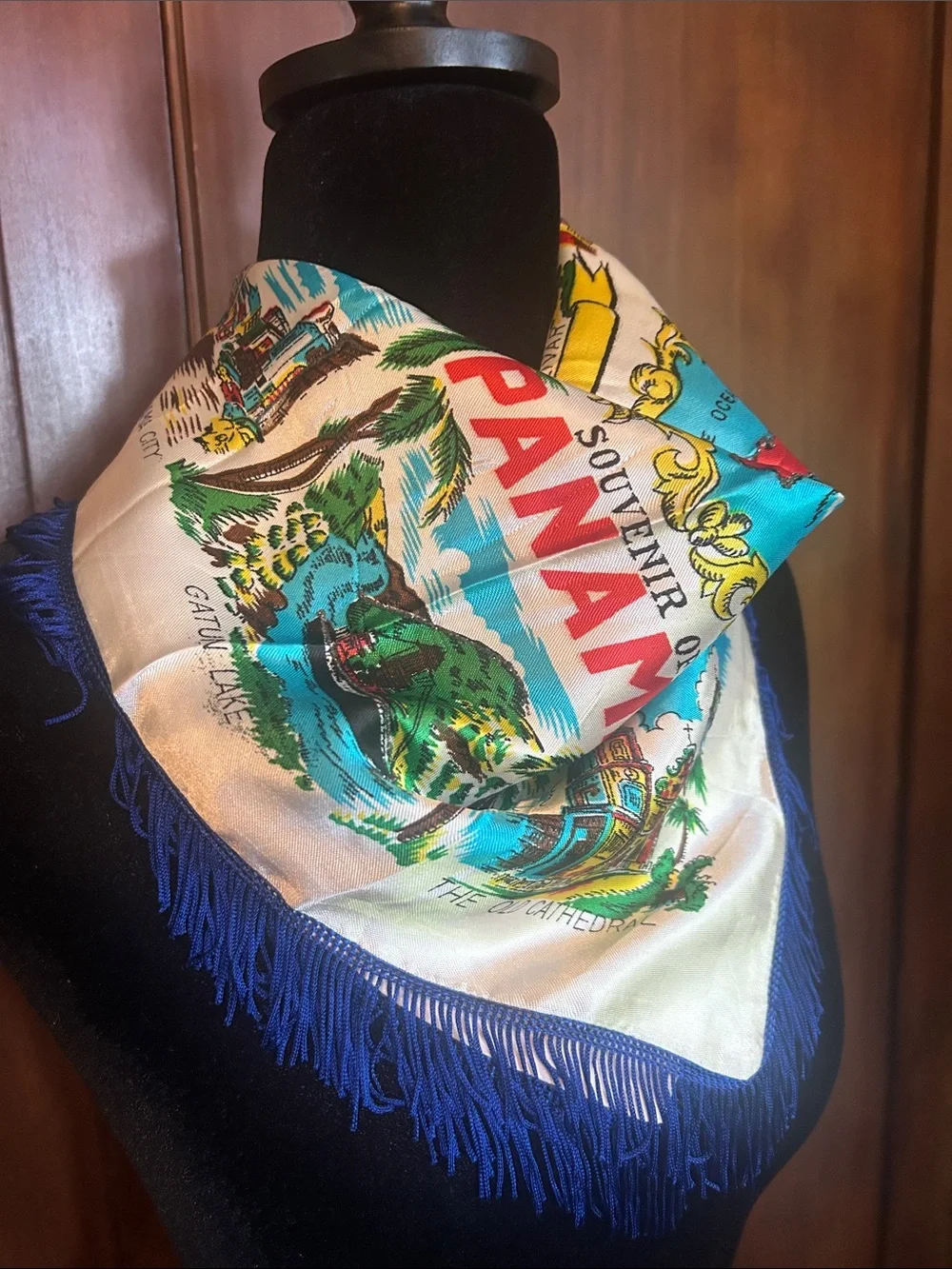 Vintage Souvenir Panama Scenic Fringe Silky Scarf in Cream & Blue
